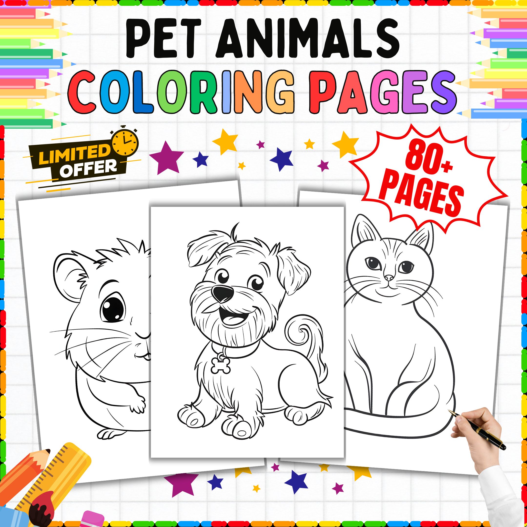 Pet Animals Coloring Pages: Dogs, Cats, Hamsters (80+ Sheets) - Printable art