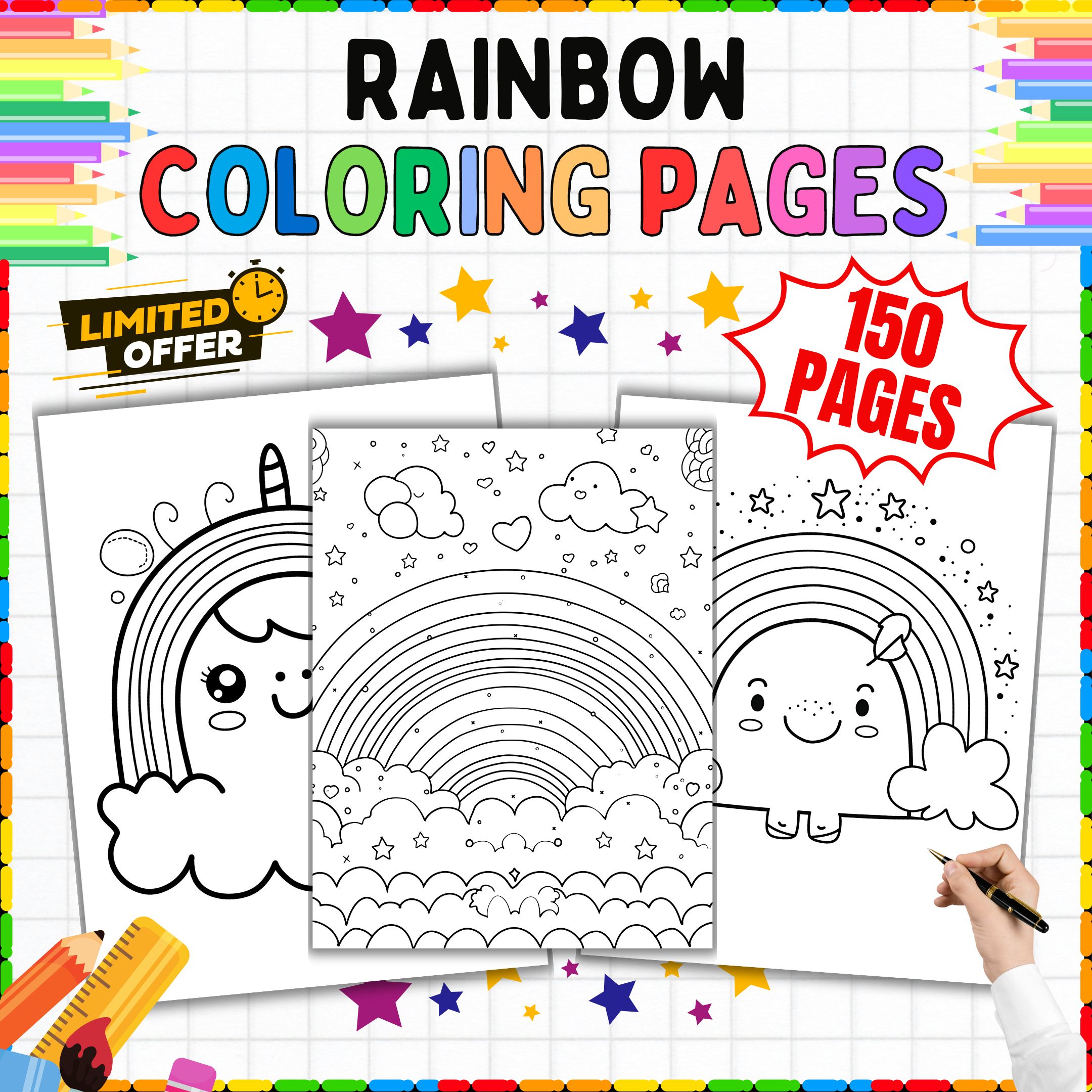 Rainbow Coloring Pages Bundle: 150 Printable Sheets for Pre-K To 5th Grade, Art