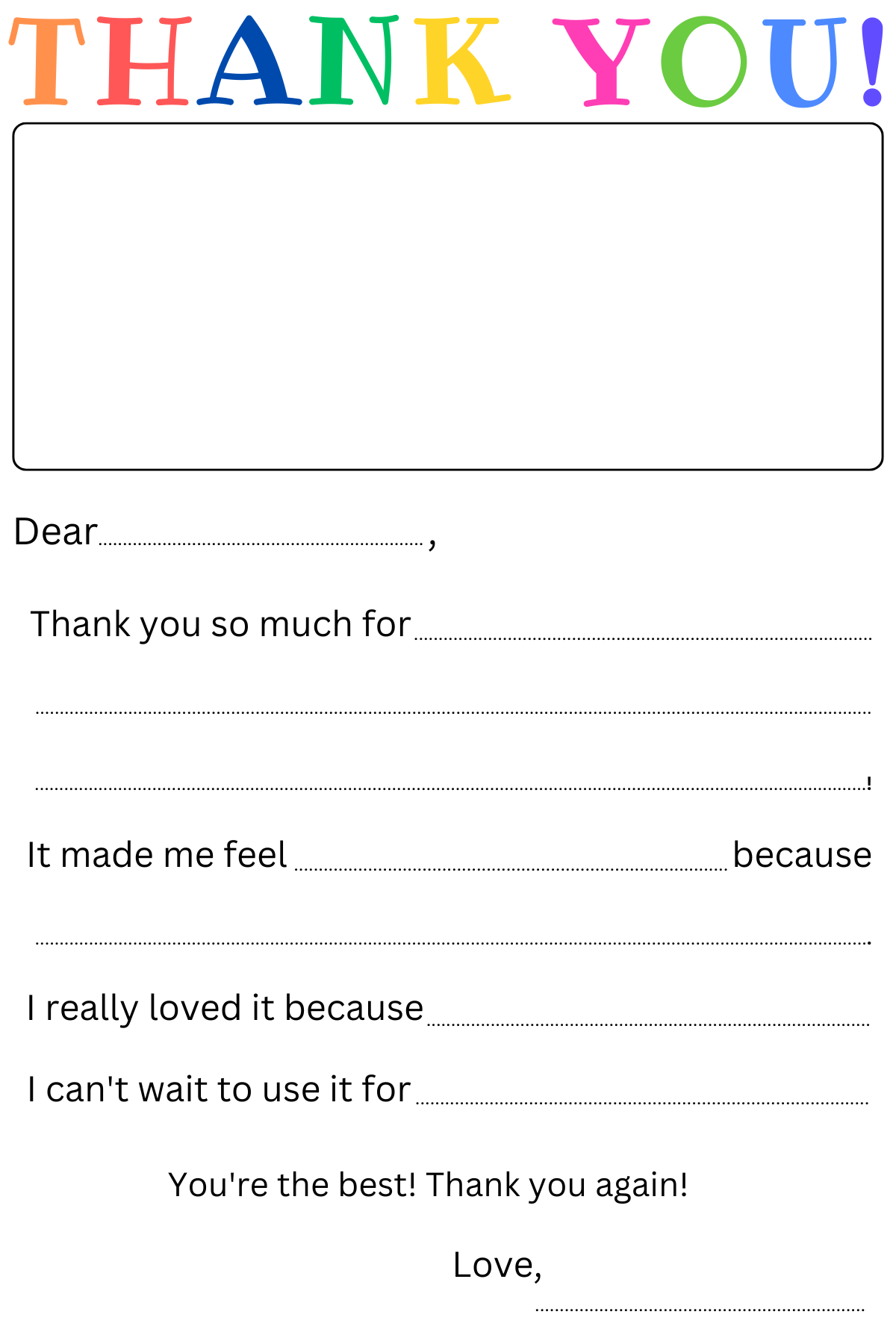 Printable Kids Thank You Letter template for elementary students