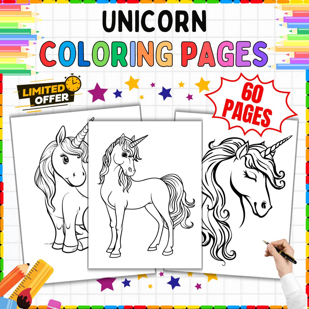 Magical Unicorn Coloring Pages | 60 Printable Sheets | Preschool-5th Grade Art