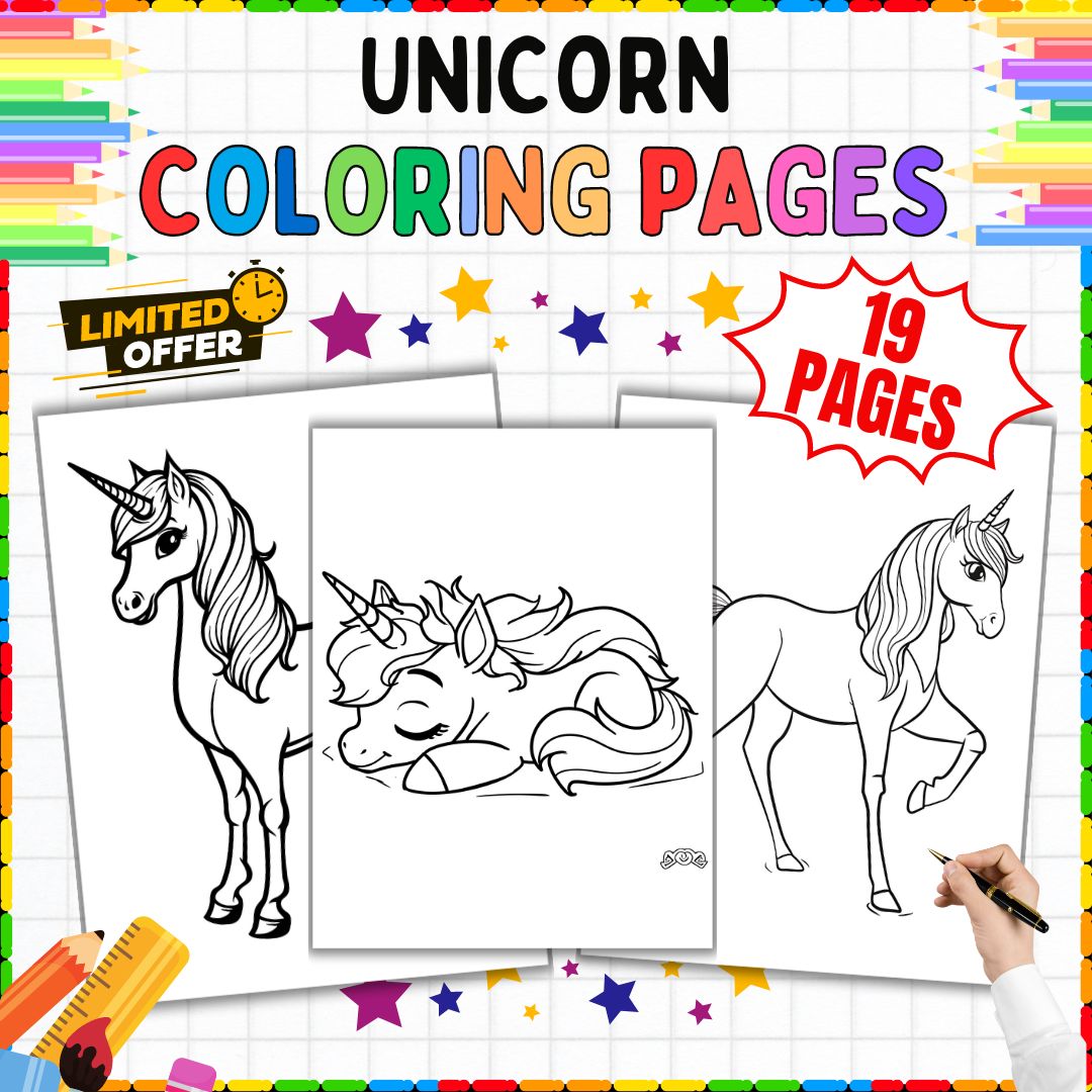 19 Unicorn Coloring Pages | Fantasy Art Worksheets | PreK-2nd Classroom Activity