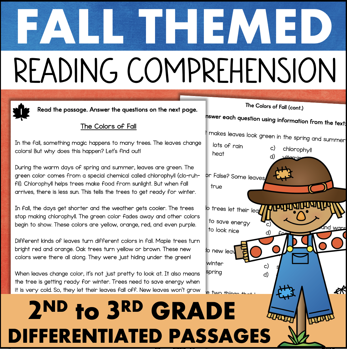 Fall Reading Comprehension Passages and Questions 2nd 3rd Grade Differentiated