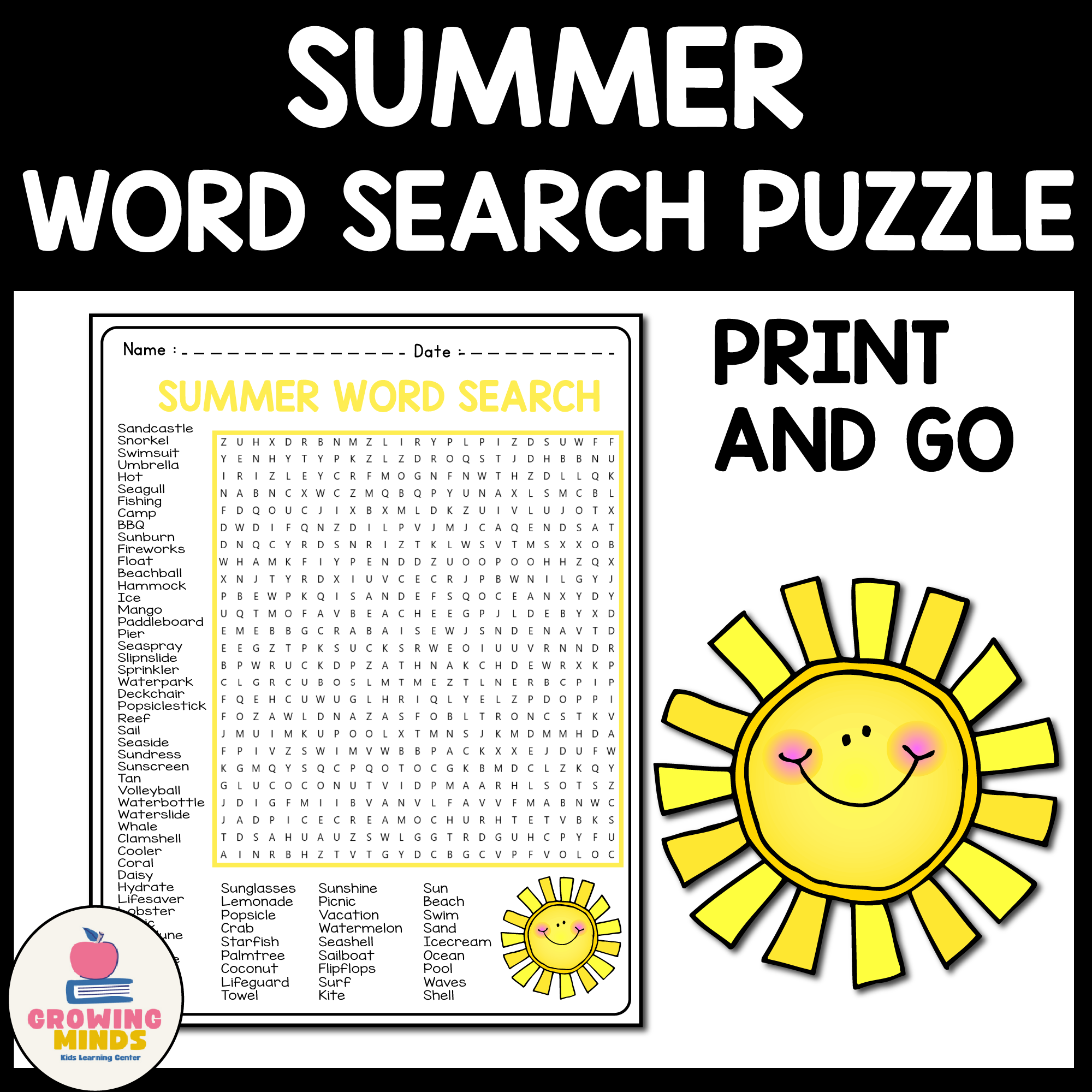 (4th to 7th Grade) Summer Word Search Puzzle Worksheet Activity