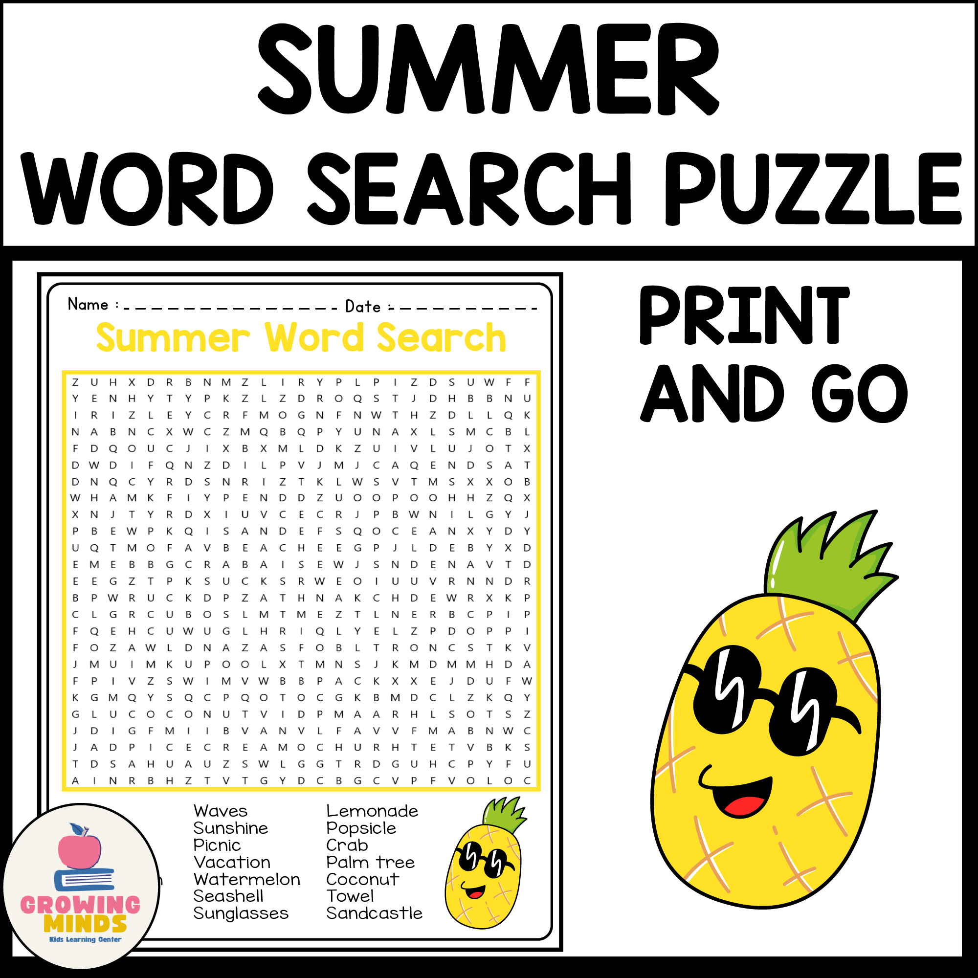 (4th to 7th Grade) Summer theme Word Search Puzzle Worksheet Activity