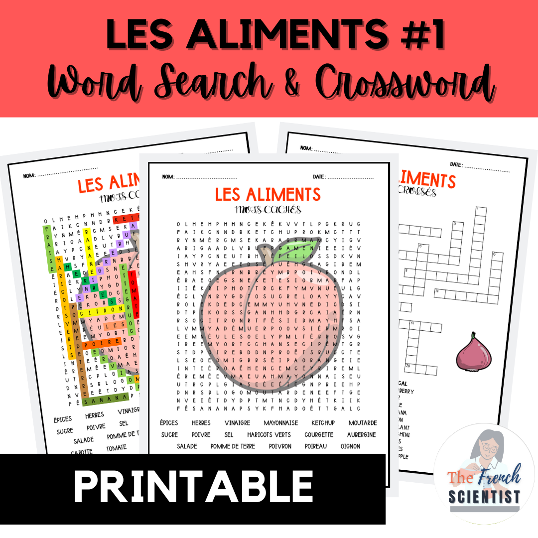 FRENCH Les Aliments #1 Word Search & Crossword Activities