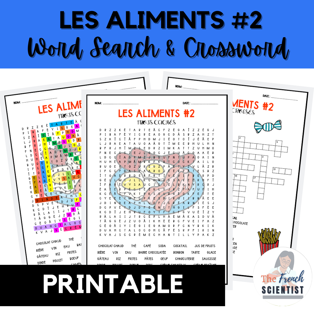 FRENCH Les Aliments #2 Word Search & Crossword Activities