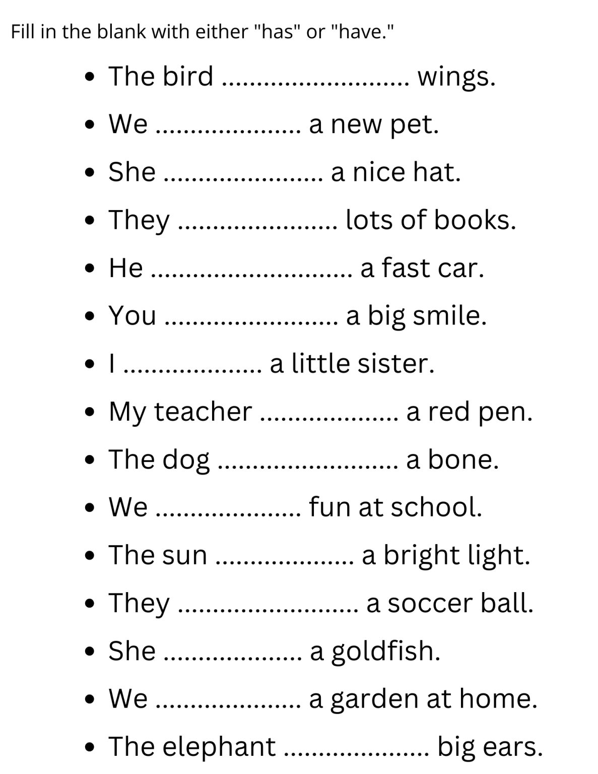using has and have kindergarten worksheets - exercises of has and have ...