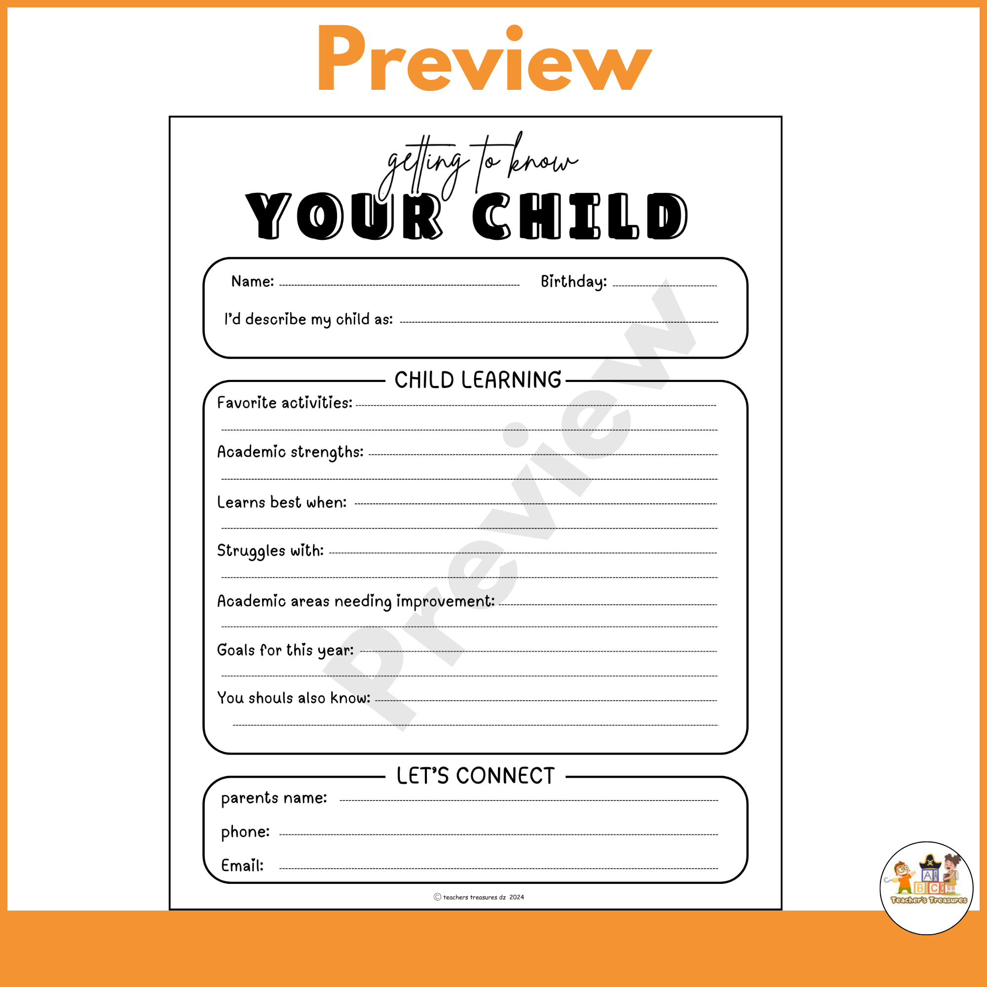 EDITABLE beginning of the year questionnaire parents| getting to know your child