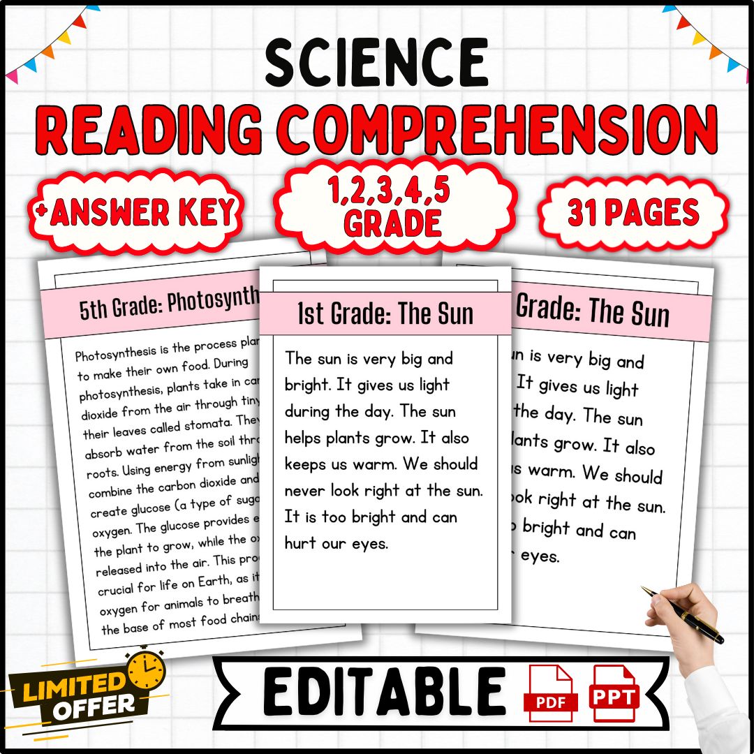 science reading comprehension passages and questions, 1st To 5th Grade, Editable