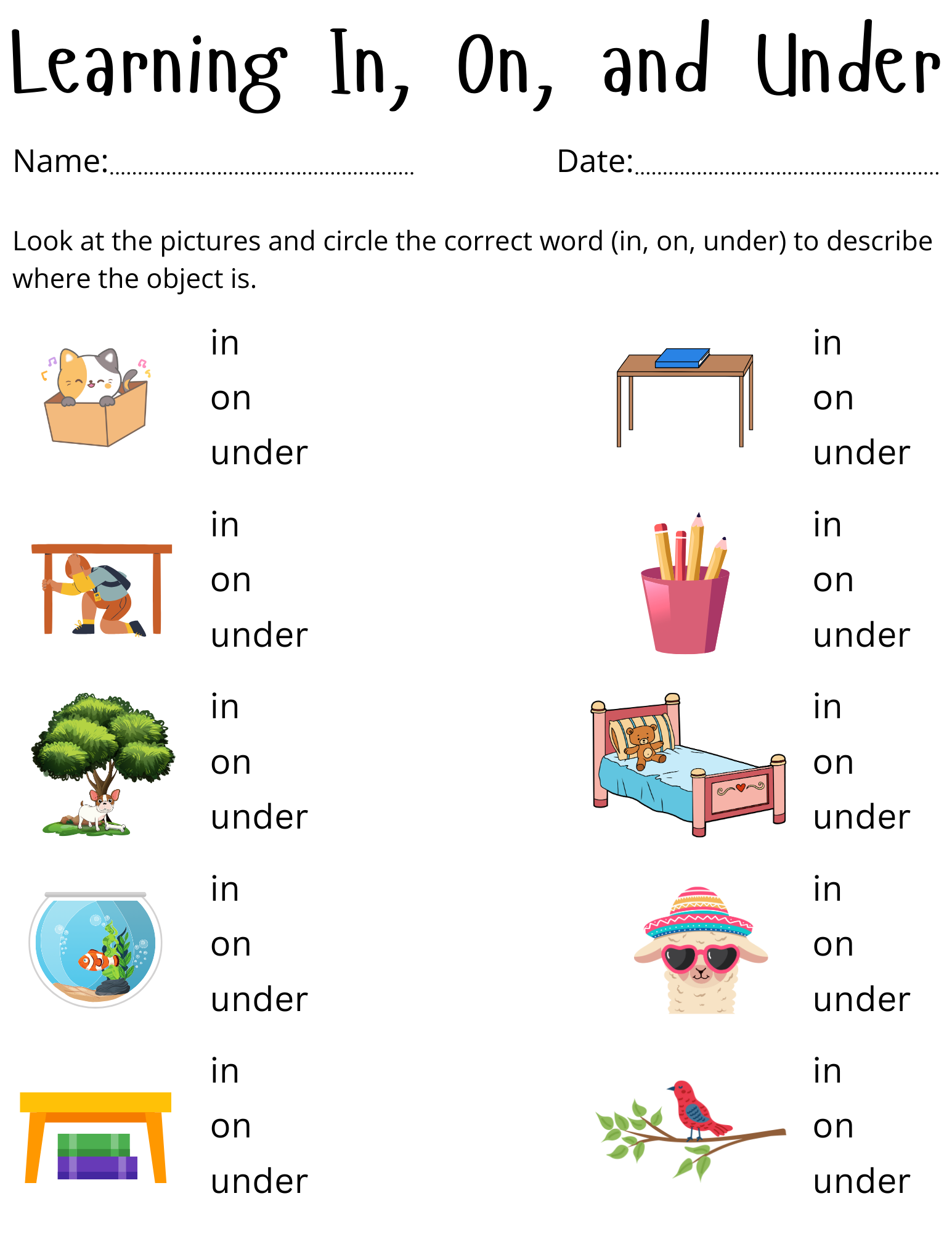 use of in on under worksheets for kindergarten - exercises in on under activity