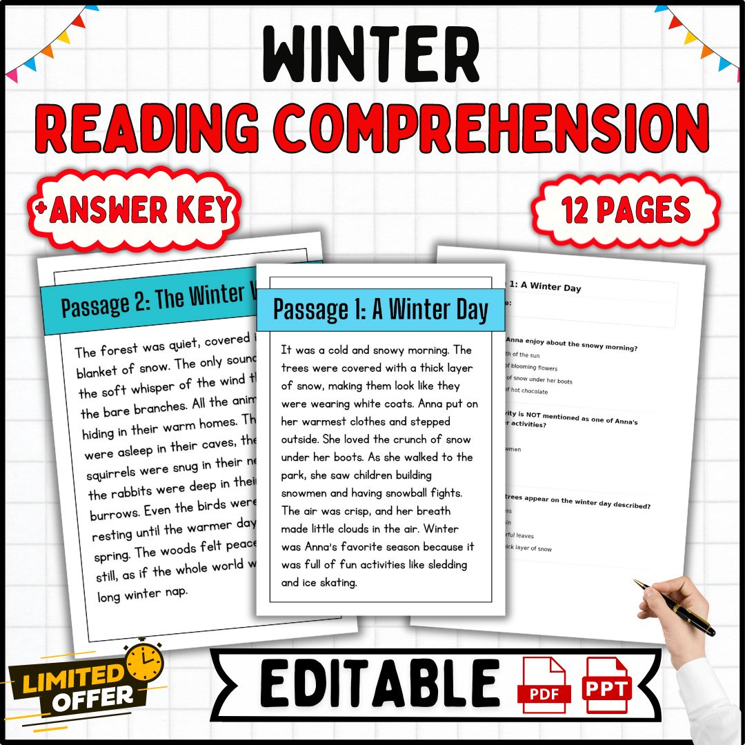 Winter Themed Reading Comprehension Passages | 2nd To 5th Grade | Editalabe