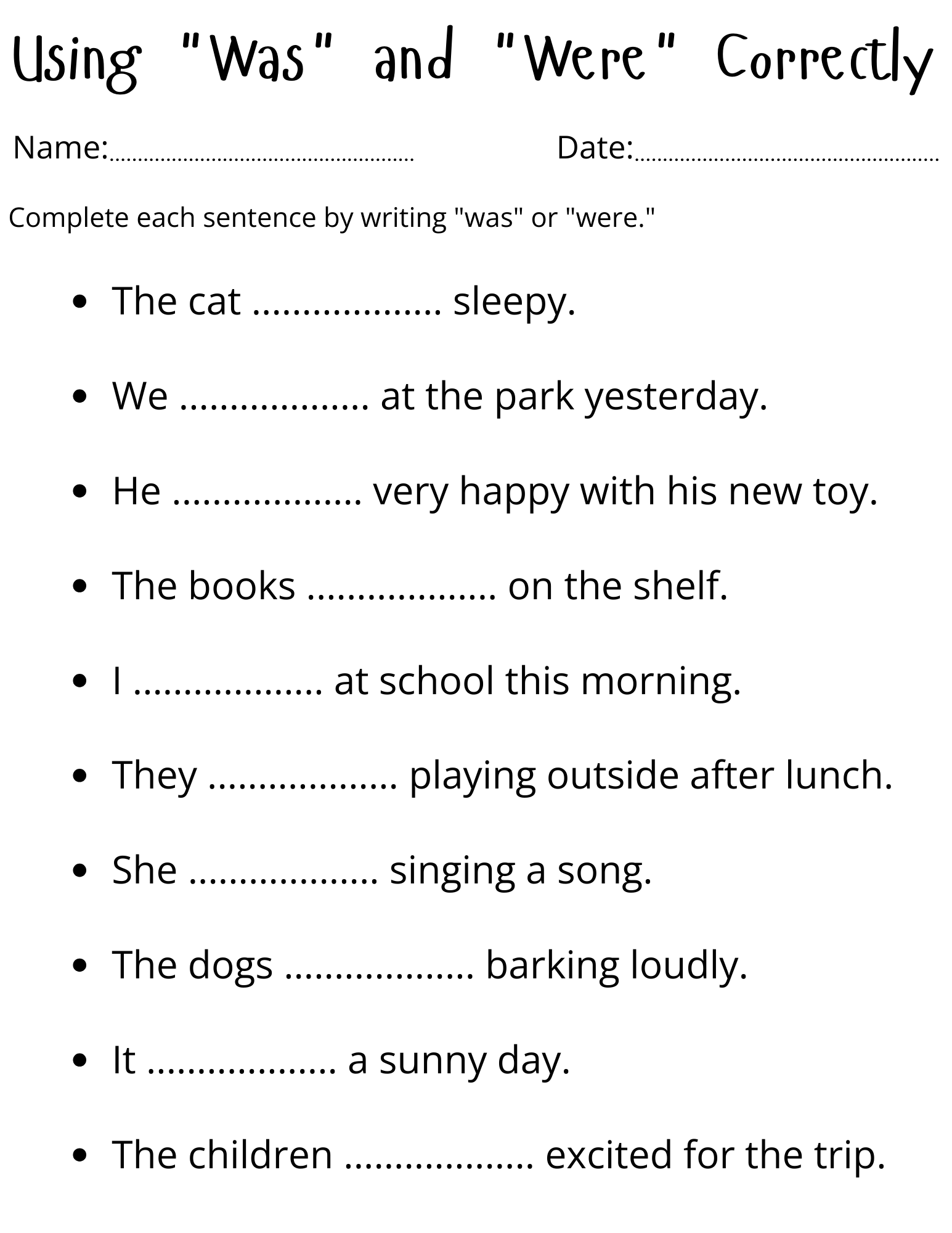 use of was and were exercises worksheets - simple was were use in sentence