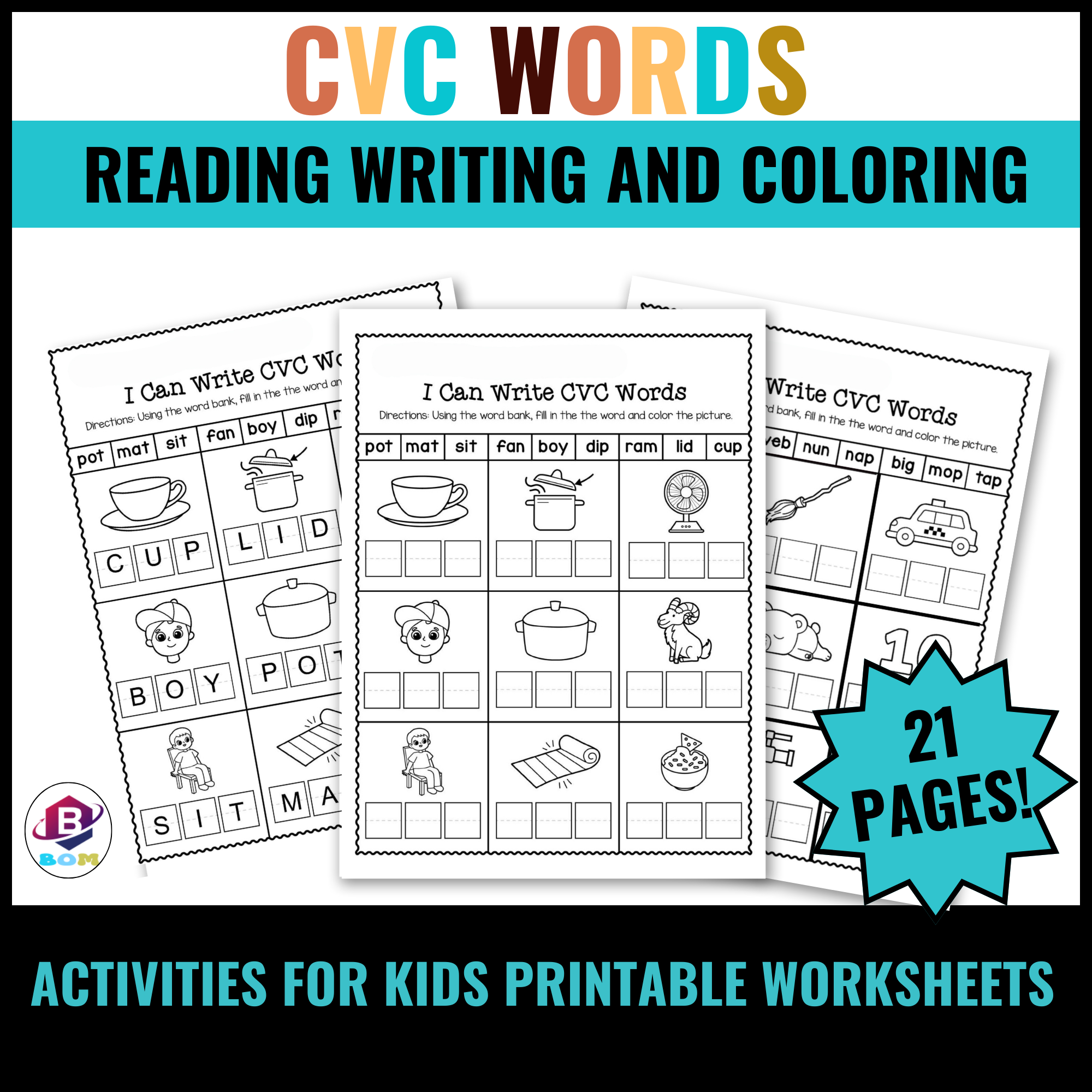 Science Of Reading CVC Words Practice in Reading & Coloring & Writing Worksheets