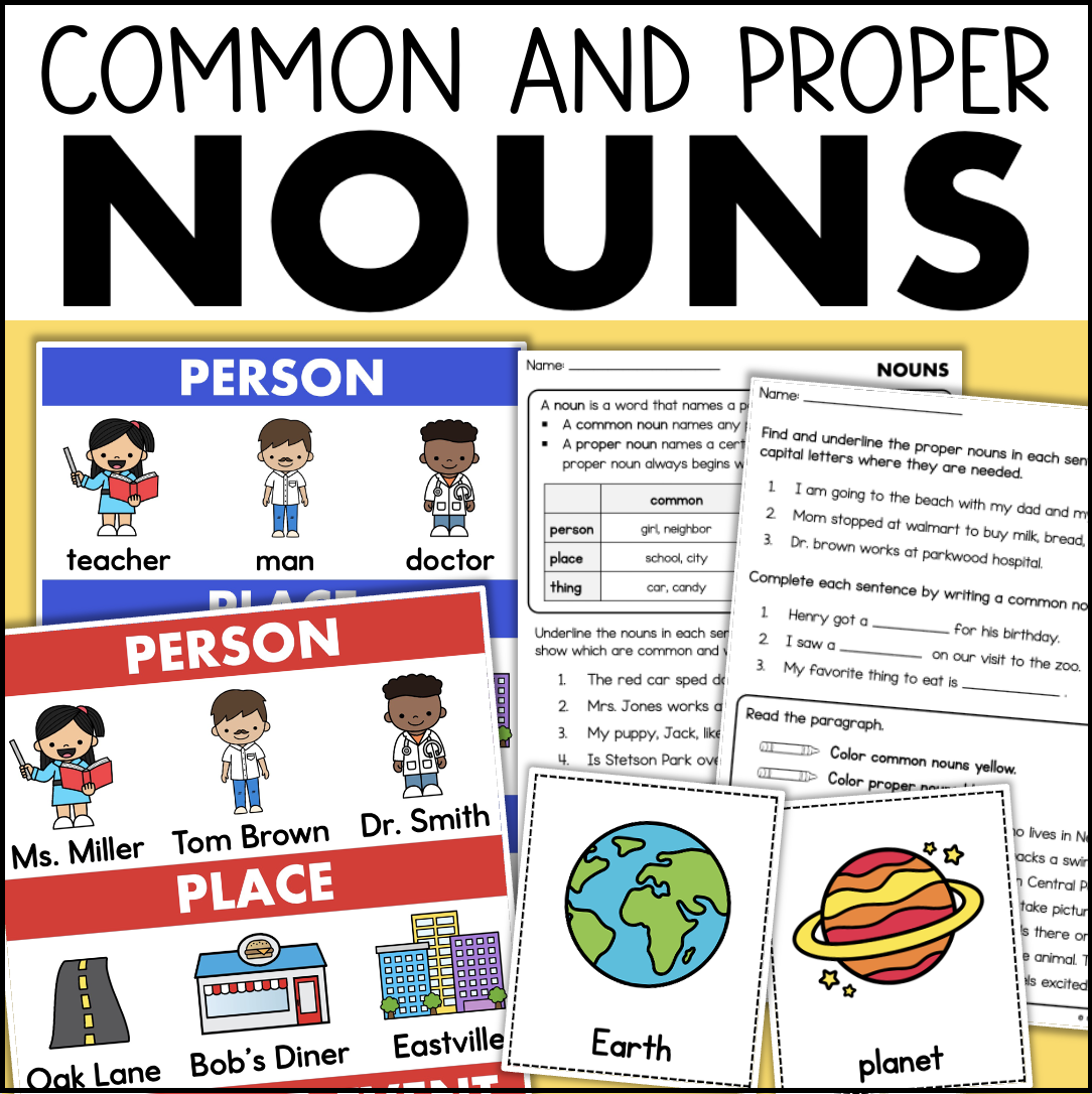 Common and Proper Nouns Anchor Chart Quiz Worksheet Game Noun Sort with Pictures