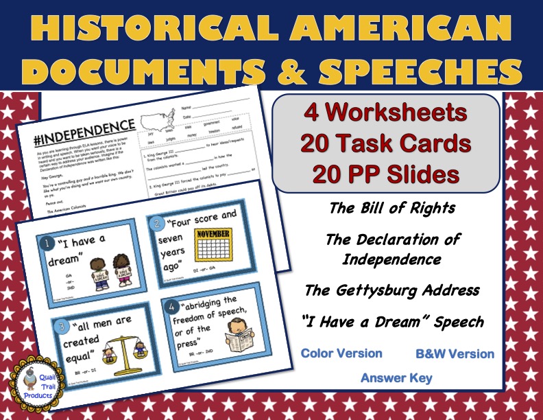 U.S. History Documents and Speeches Worksheets and Task Cards