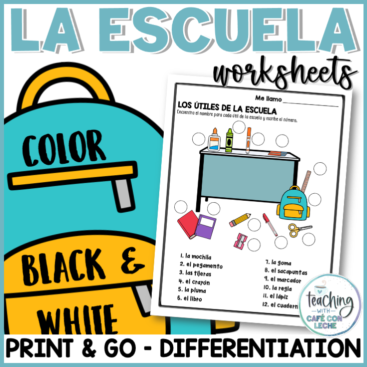Los útiles de la escuela - School Supplies Vocabulary Worksheets in Spanish