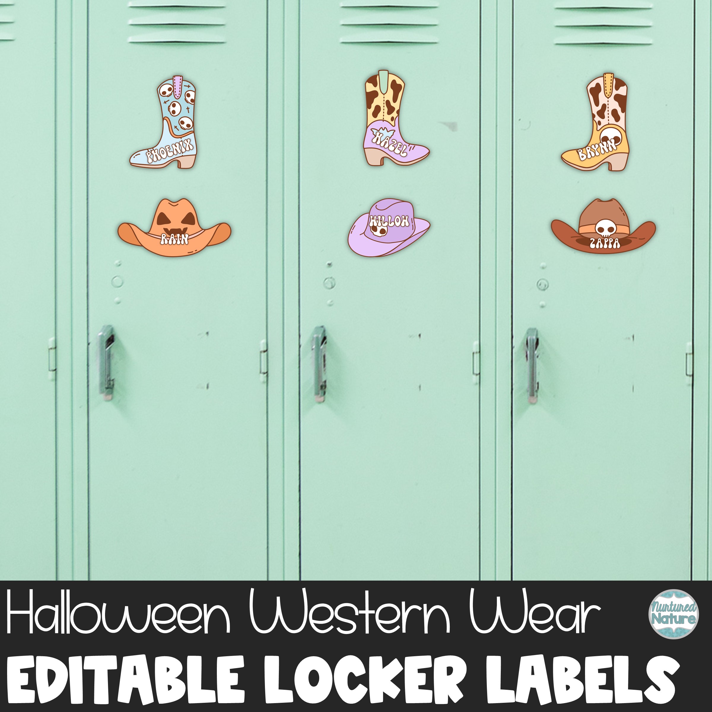 Halloween Name Tags – Retro Cowboy Boots and Hats – Editable Locker Labels or Cubby Tags