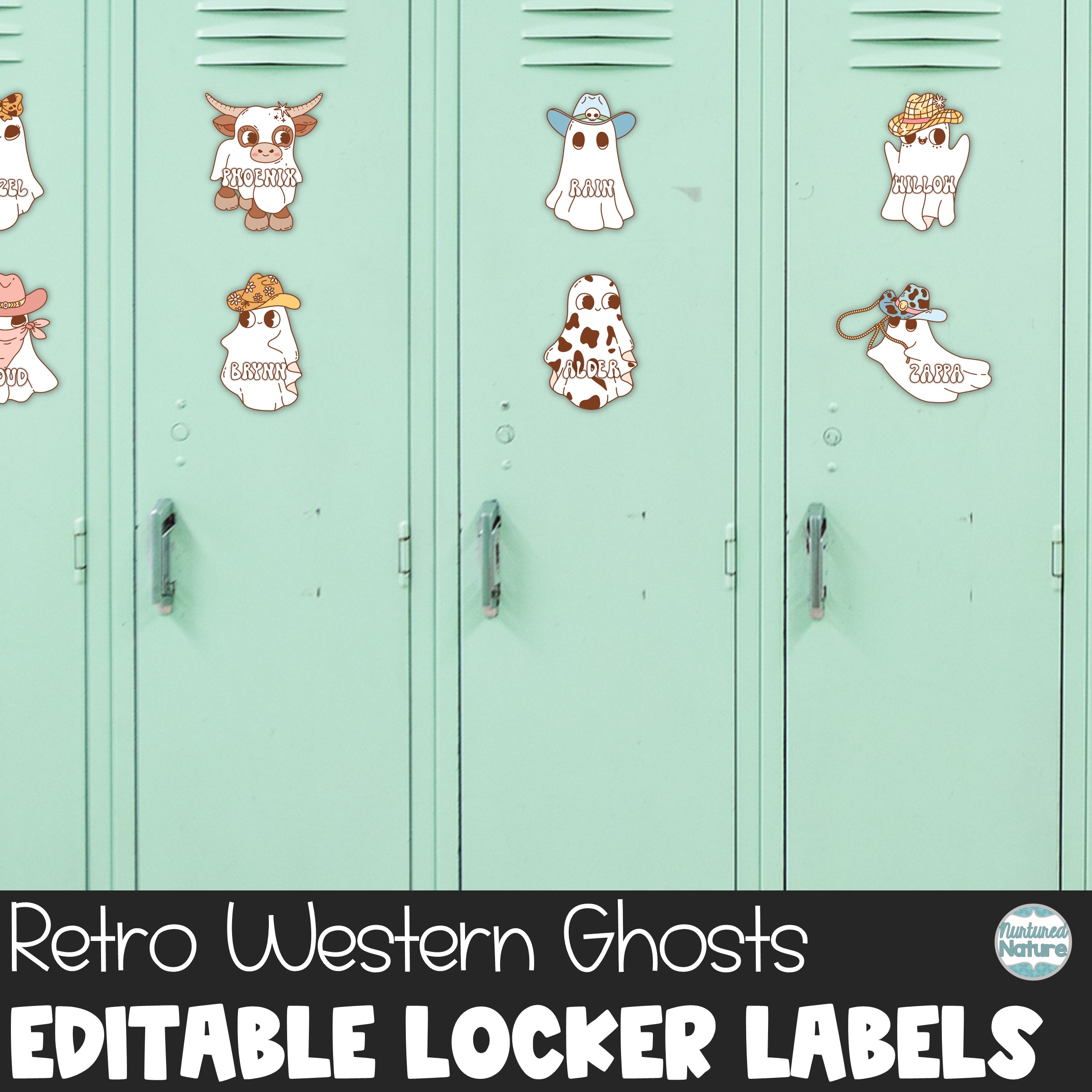 Halloween Name Tags - Retro Western Ghosts - Editable Locker Labels or Cubby Tags for Fall