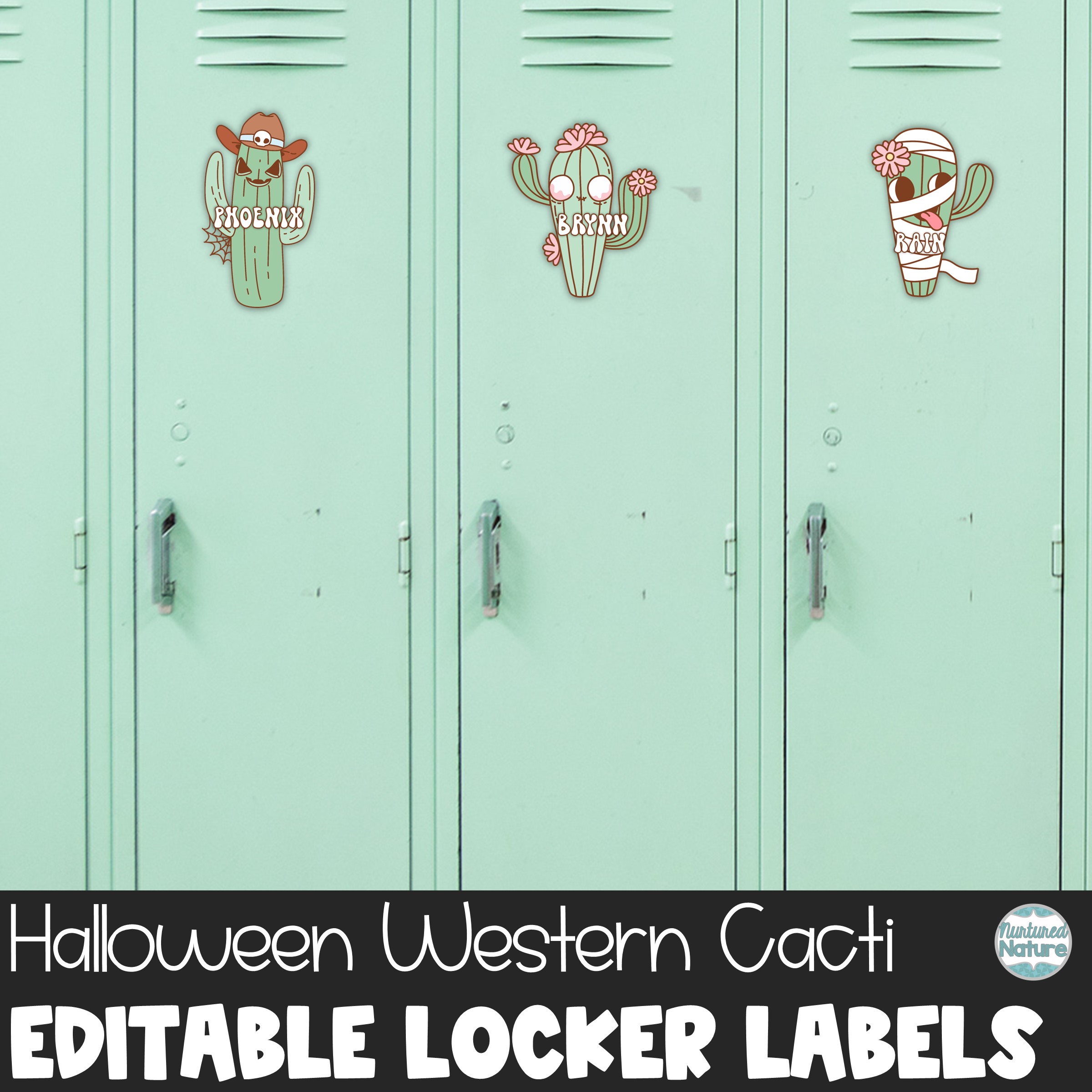 Halloween Name Tags - Retro Western Cactus - Editable Locker Labels or Cubby Tags