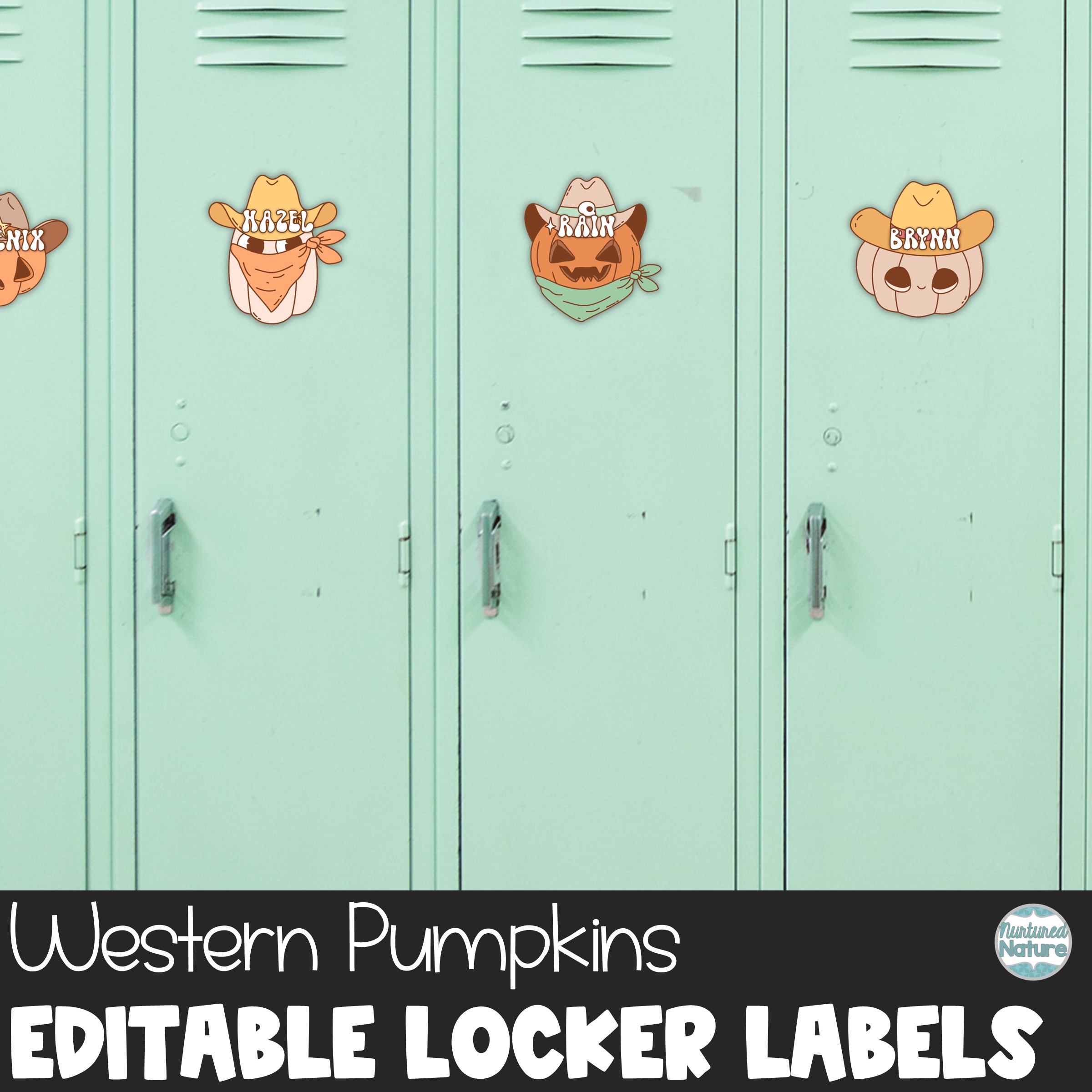 Halloween Name Tags – Editable Locker Labels or Cubby Tags – Western Pumpkin Cowboys