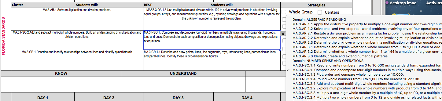 NEW! 3rd GRADE MATH LESSON PLAN FL B.E.S.T. STANDARDS Template: Drop down boxes