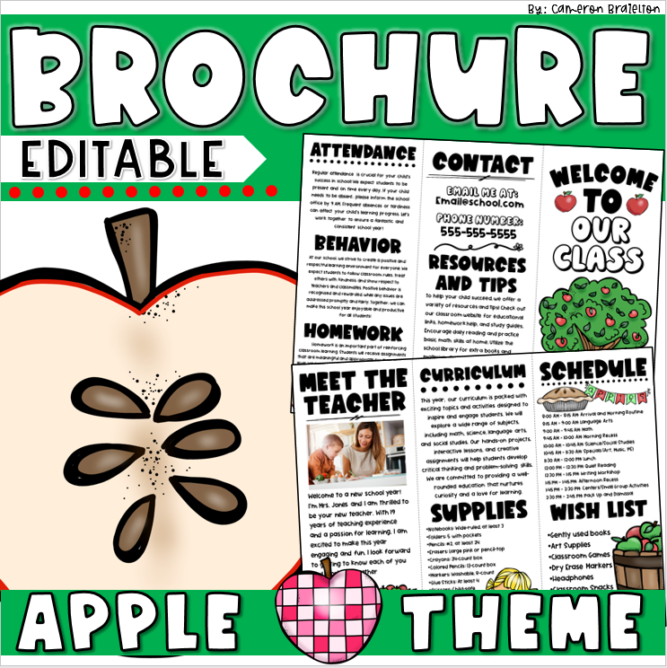 Back to School Meet the Teacher Open House Apple Theme Brochure Editable