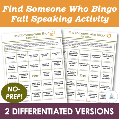 Find Someone Who Bingo - Fall Speaking Activity - ESL Icebreaker Mingle ...