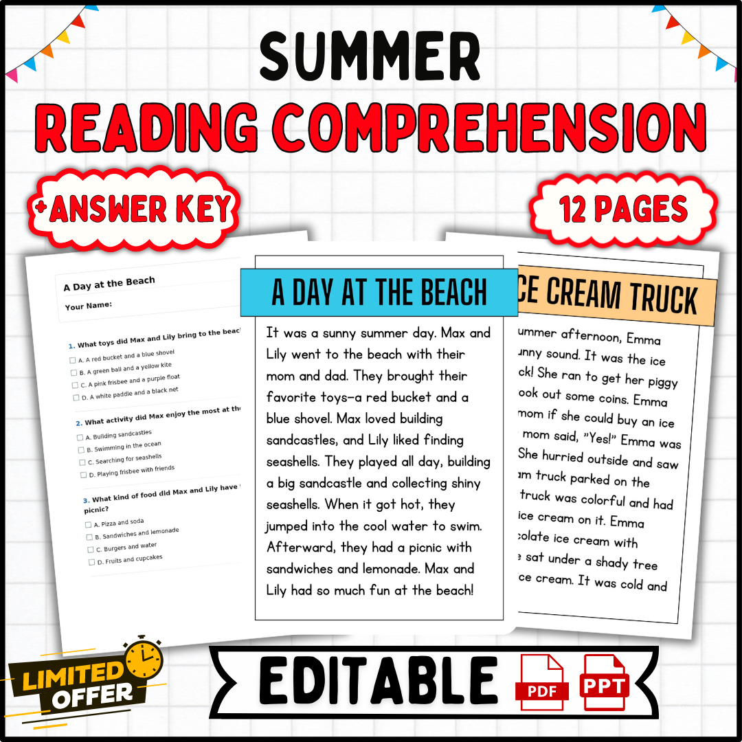 Summer Reading Comprehension Passages | K-2nd grade| Worksheets Activities