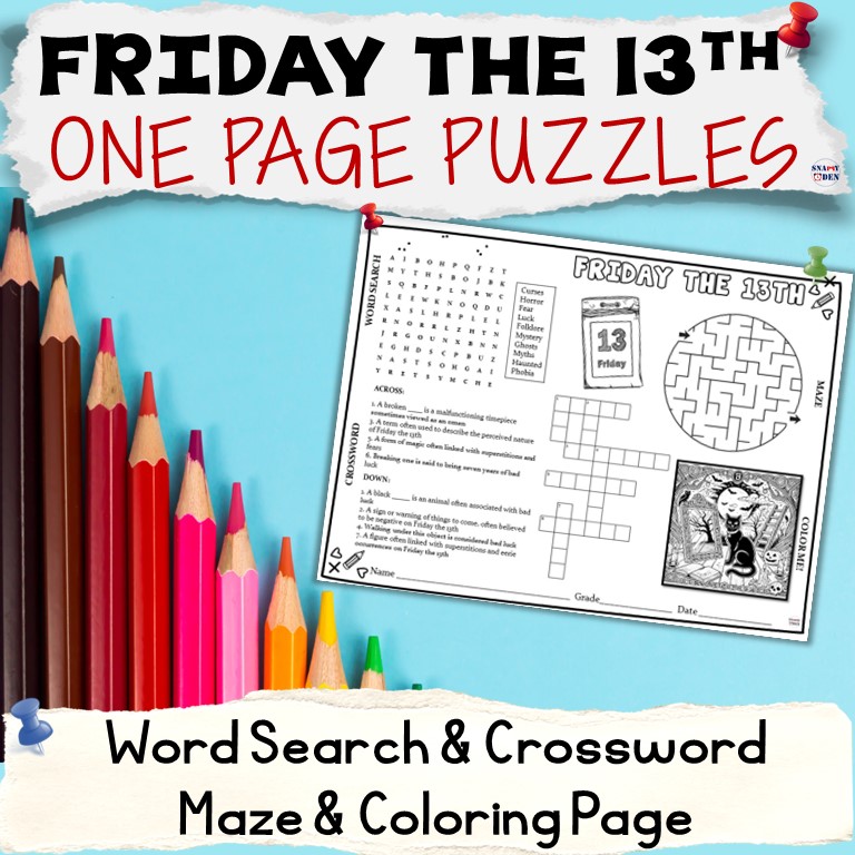 Friday the 13th Word Search Crossword Maze Coloring Page Superstitions Puzzles