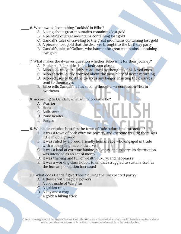 The Hobbit Chapter 1 Quiz and Answer Key for High School | Made By Teachers