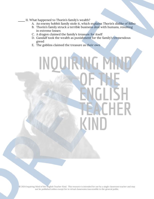 The Hobbit Chapter 1 Quiz and Answer Key for High School | Made By Teachers