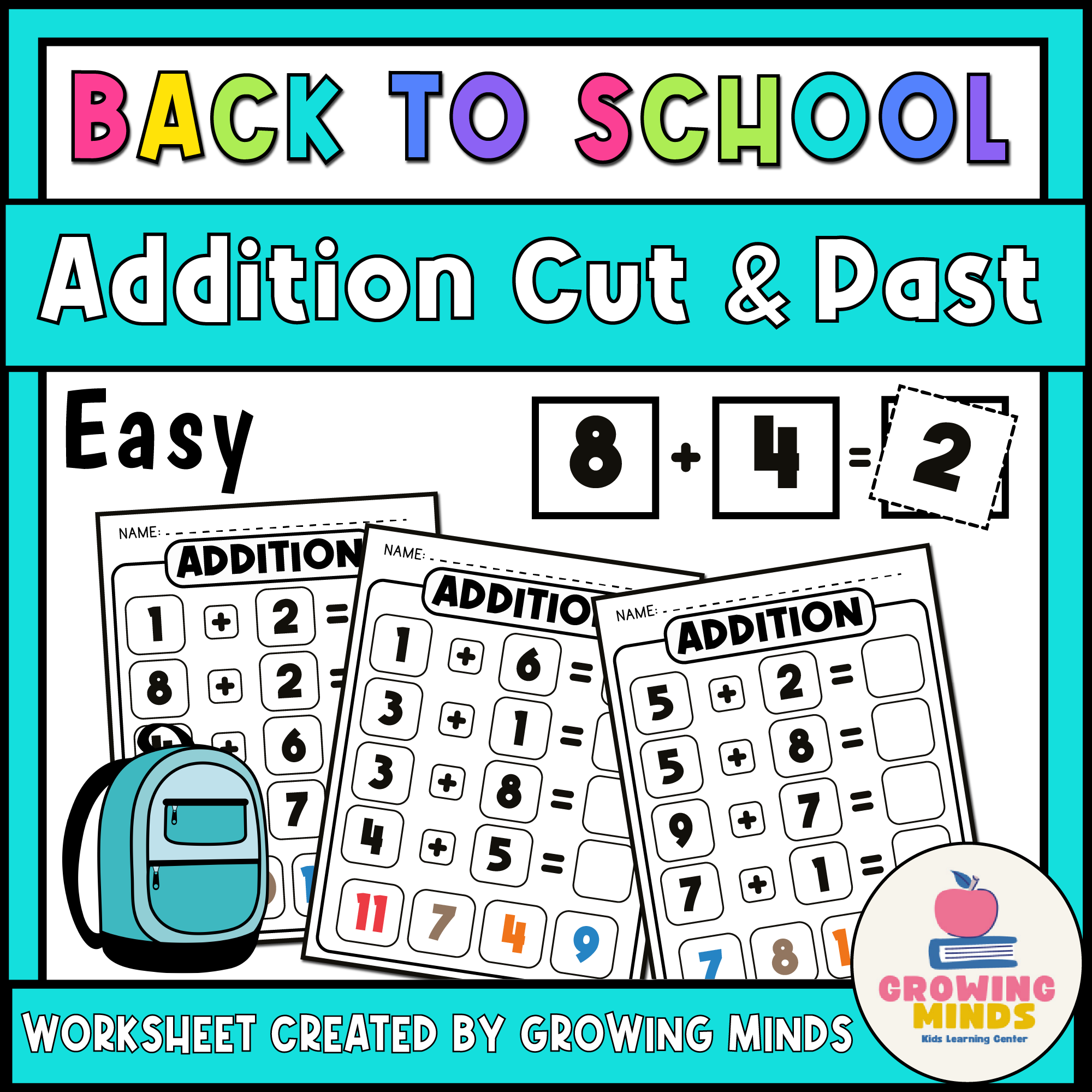 Math Easy Addition Cut and Paste Worksheets - Back to School Themed Printable
