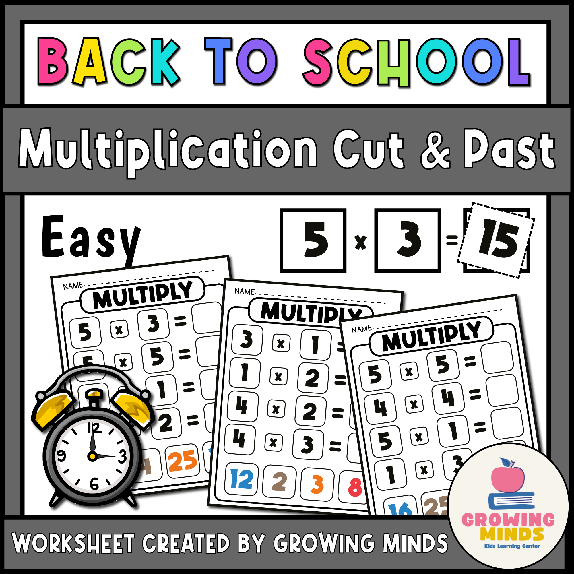 Math Easy multiplication Cut and Paste Worksheets - Back to School Themed Printable
