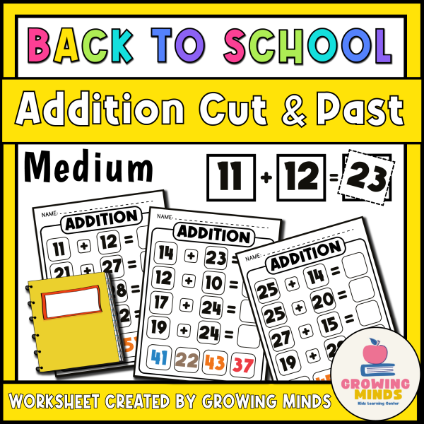 Math Medium Addition Cut and Paste Worksheets - Back to School Themed ...