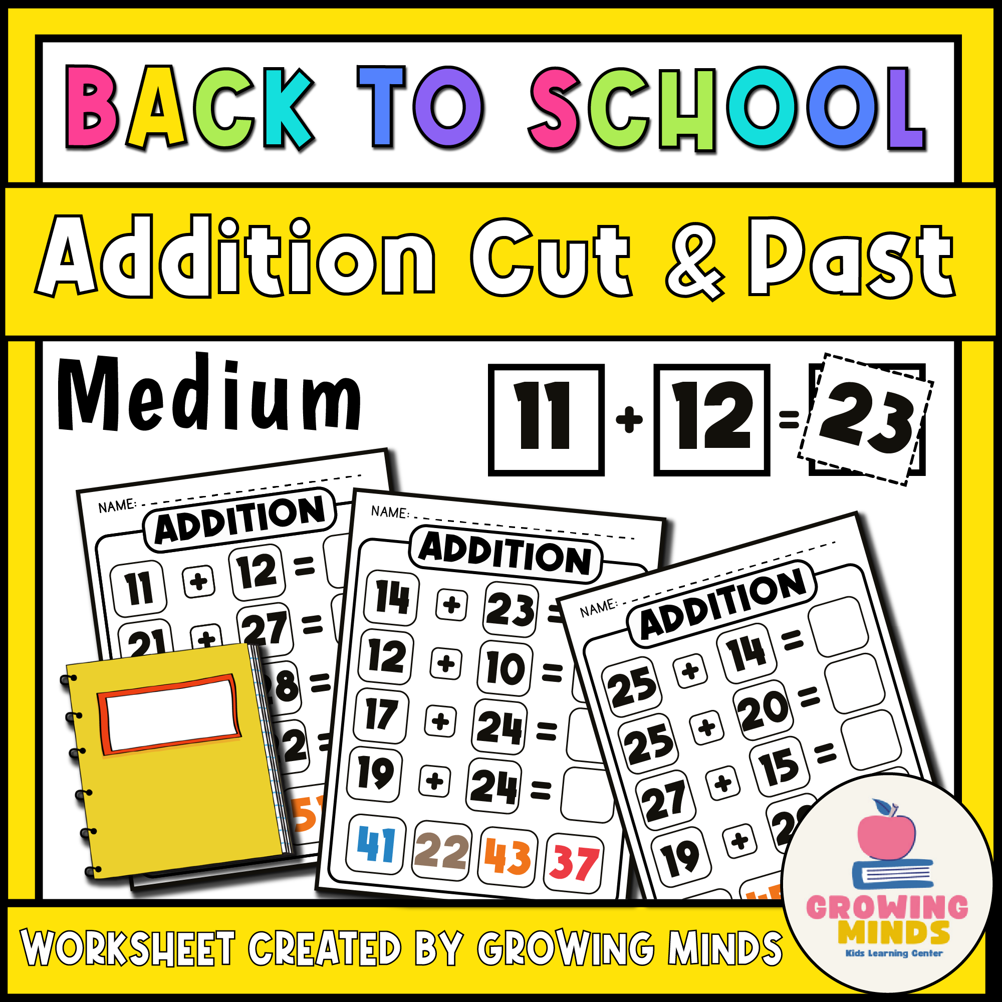 Math Medium Addition Cut and Paste Worksheets - Back to School Themed Printable