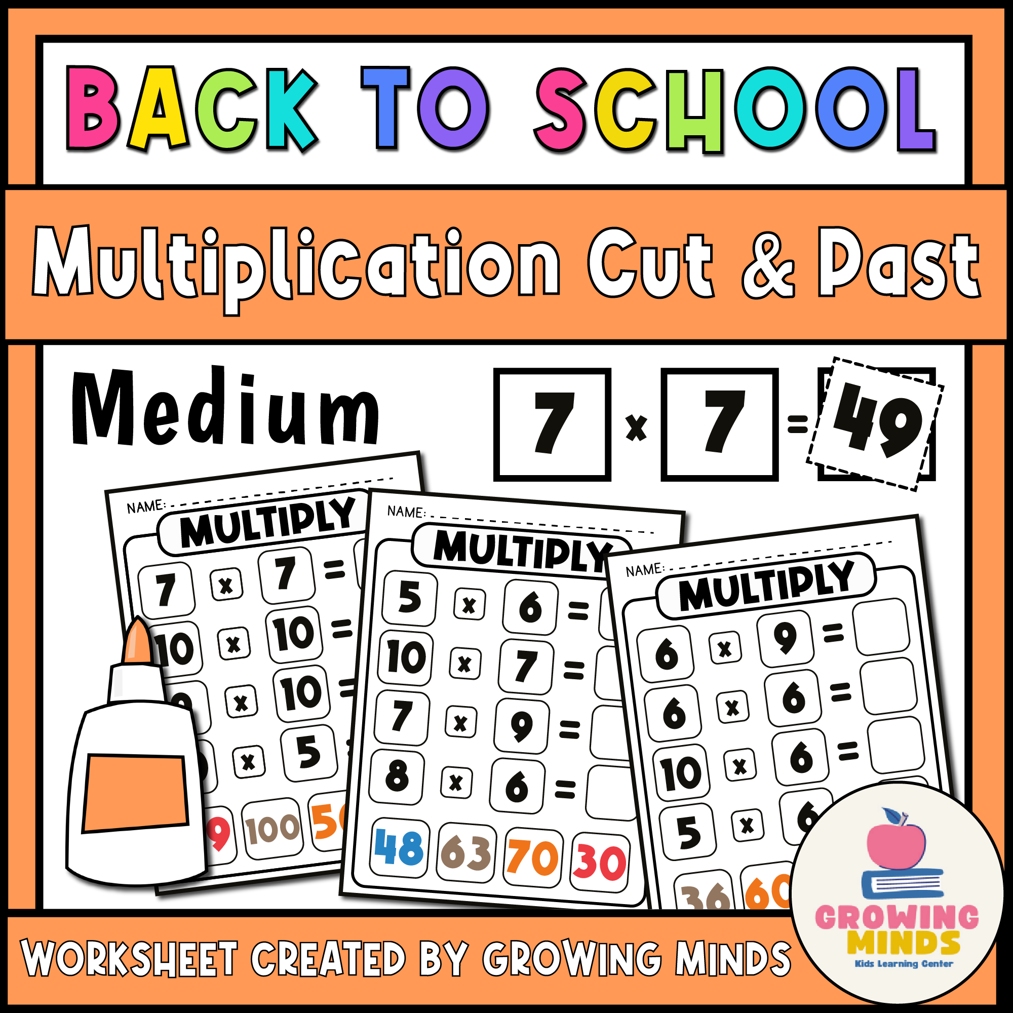 Math Medium multiplication Cut and Paste Worksheets - Back to School Themed Printable