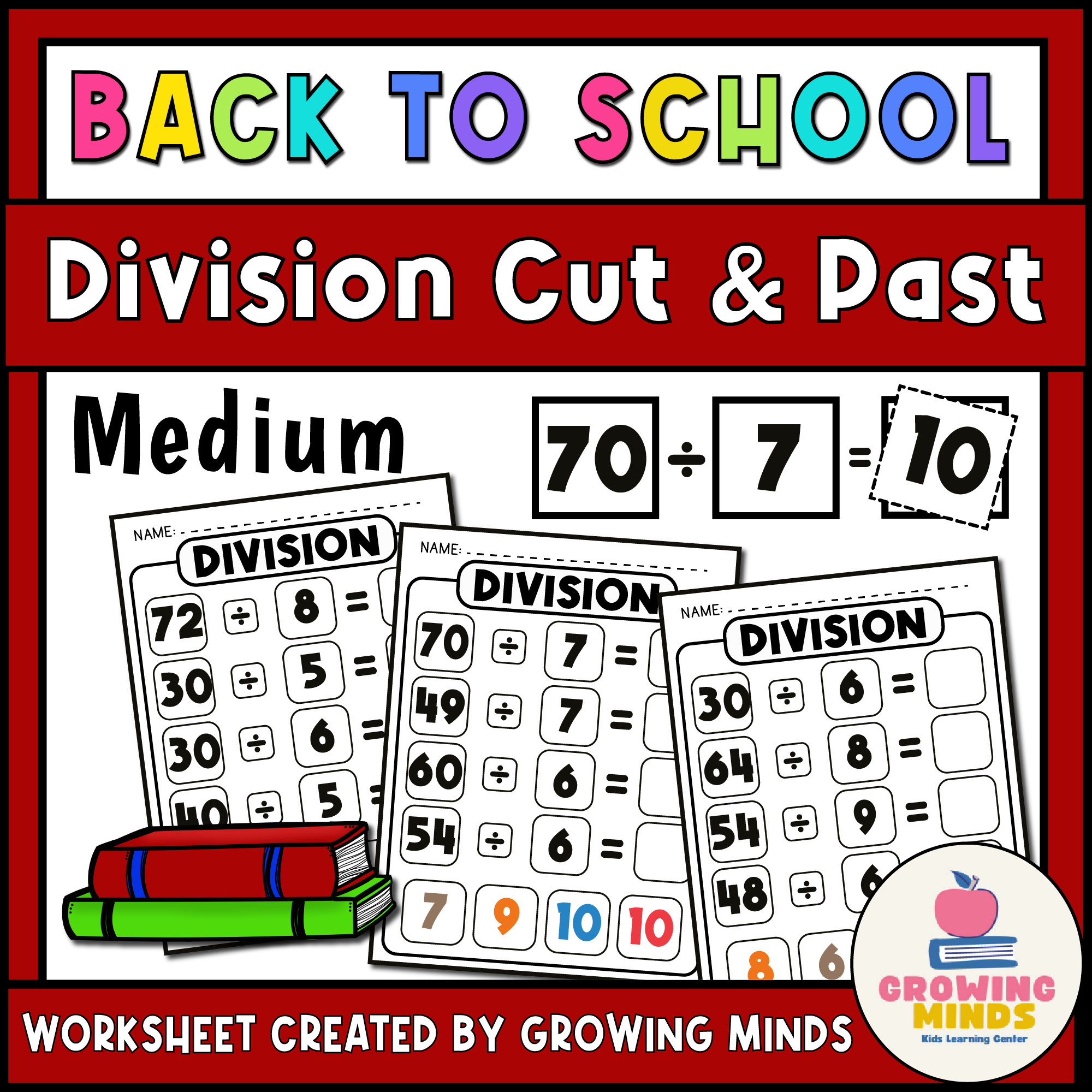 Math Medium division Cut and Paste Worksheets - Back to School Themed Printable