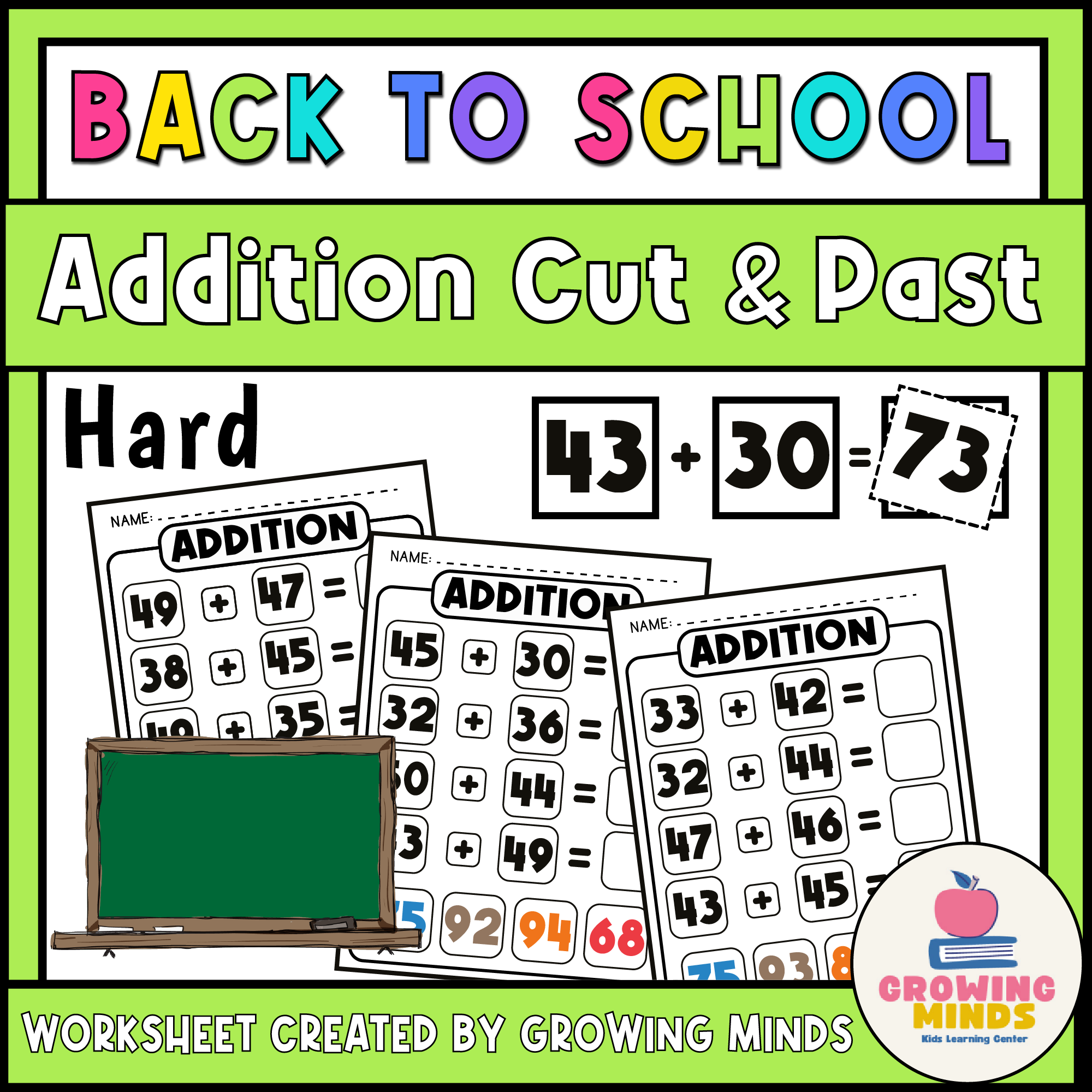 Math Hard Addition Cut and Paste Worksheets - Back to School Themed Printable