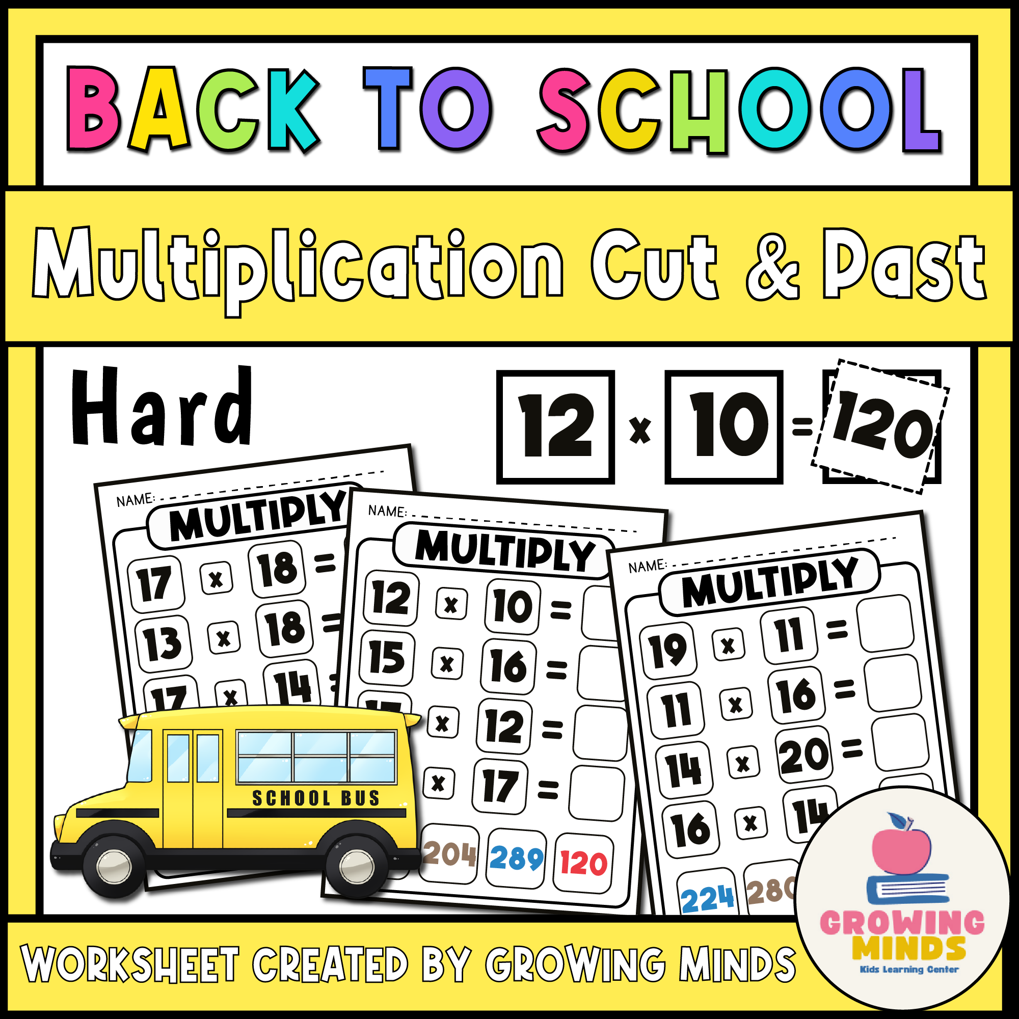 Math Hard multiplication Cut and Paste Worksheets - Back to School Themed Printable