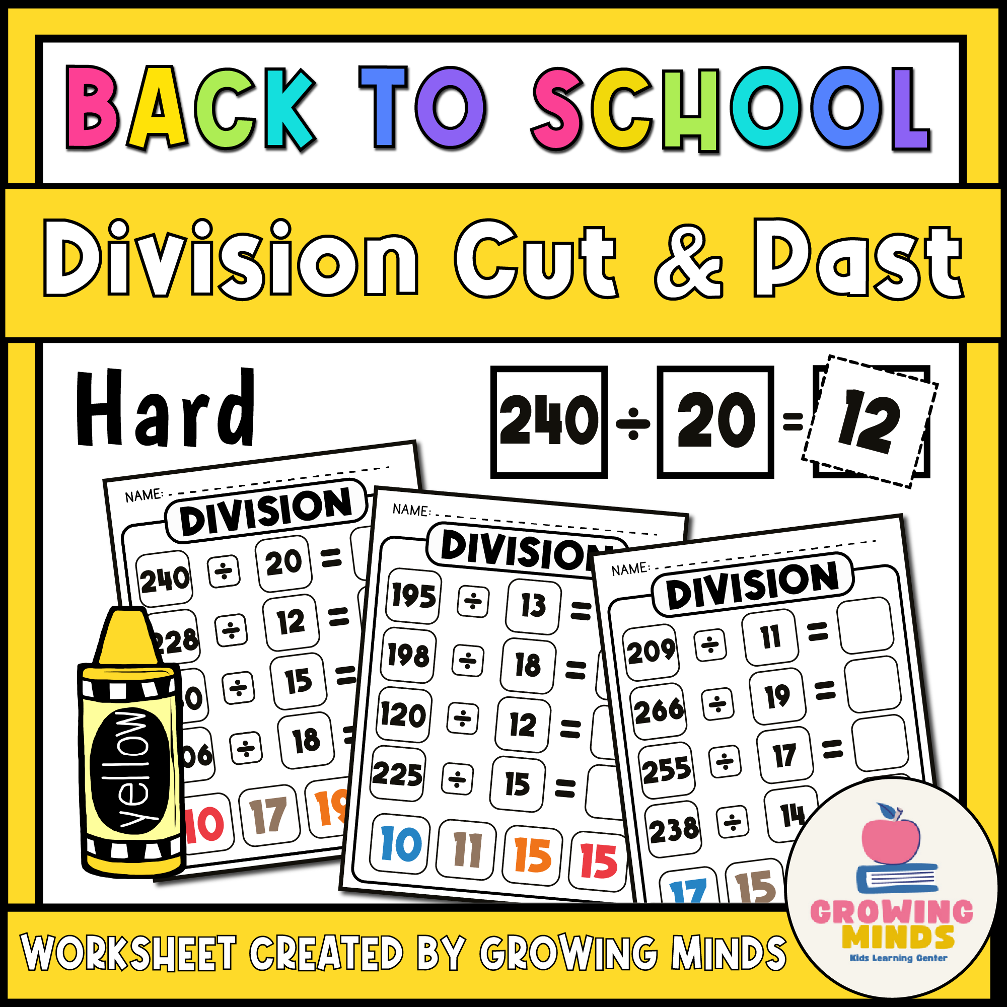 Math Hard division Cut and Paste Worksheets - Back to School Themed Printable