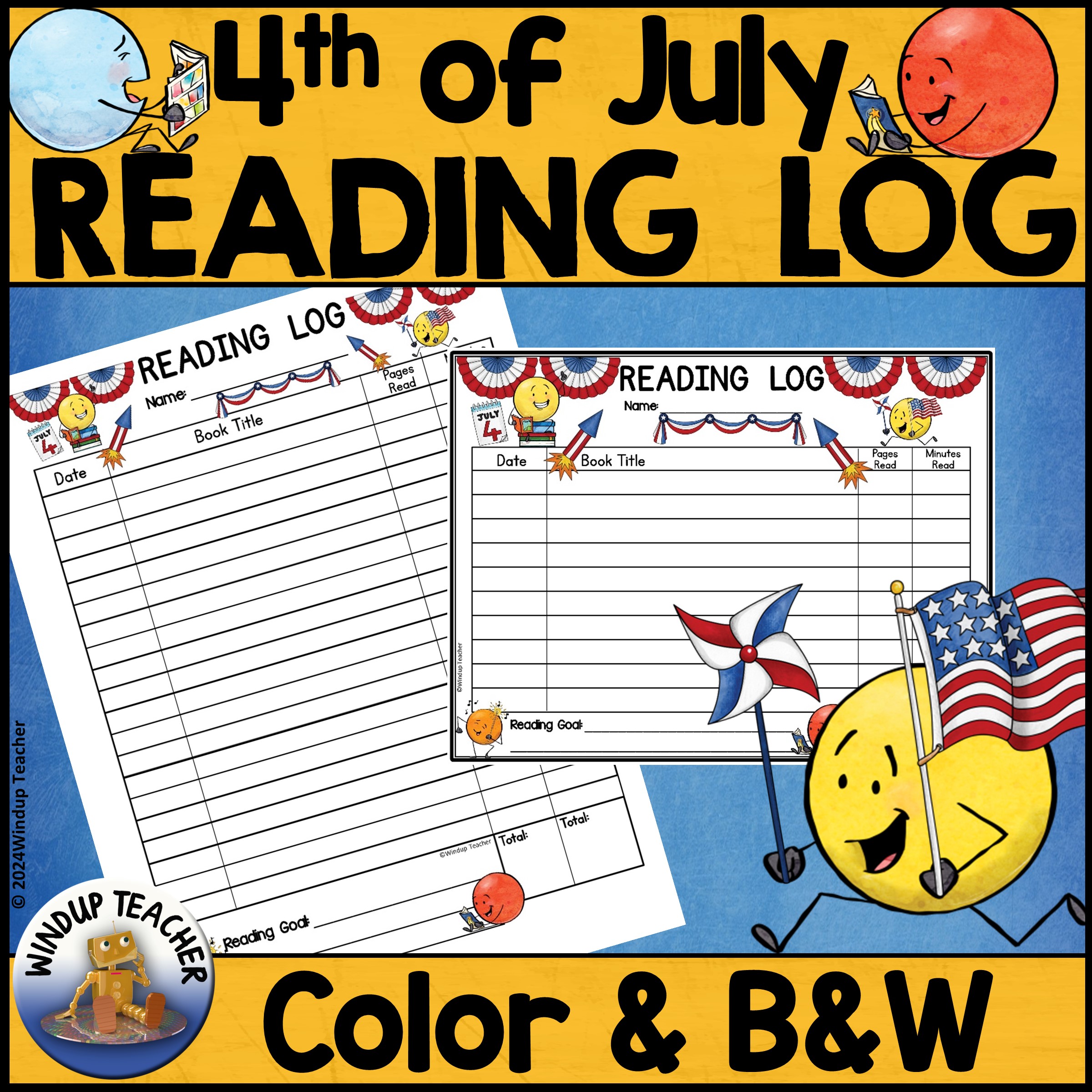Fourth of July Summer Reading Log with Parent Signature - Color and B&W