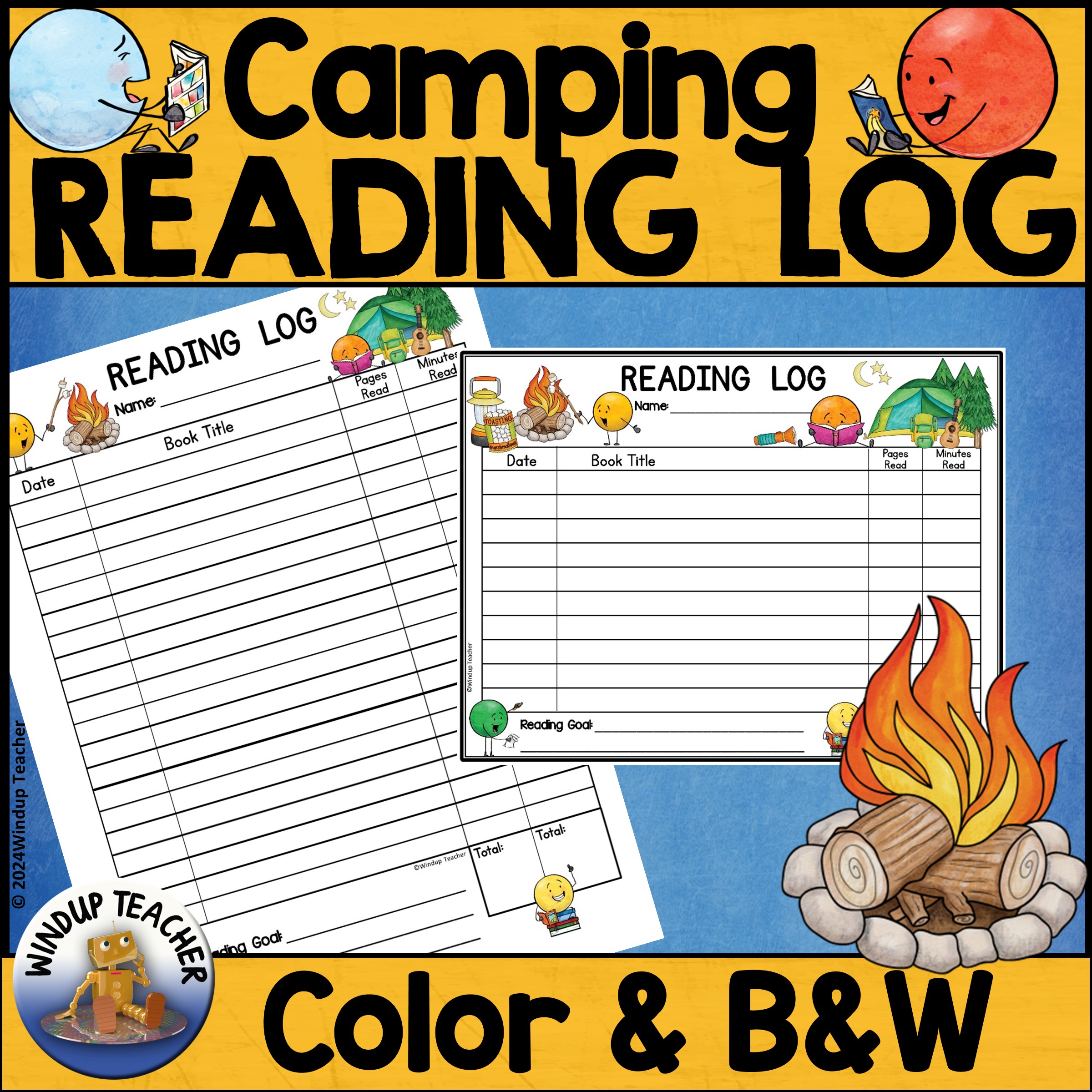 Summer Camping Reading Log with or without Parent Signature - Color and B&W
