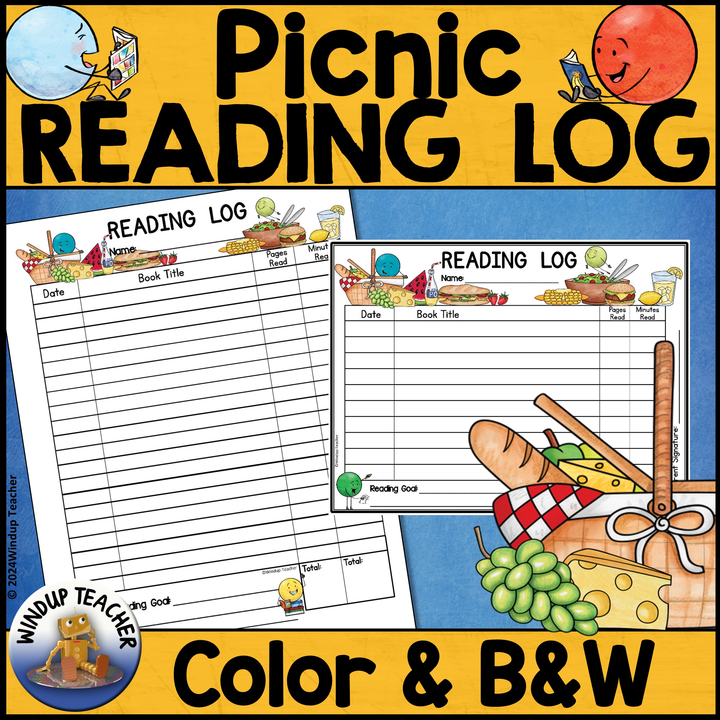 Summer Picnic Reading Log with or without Parent Signature - Color and B&W