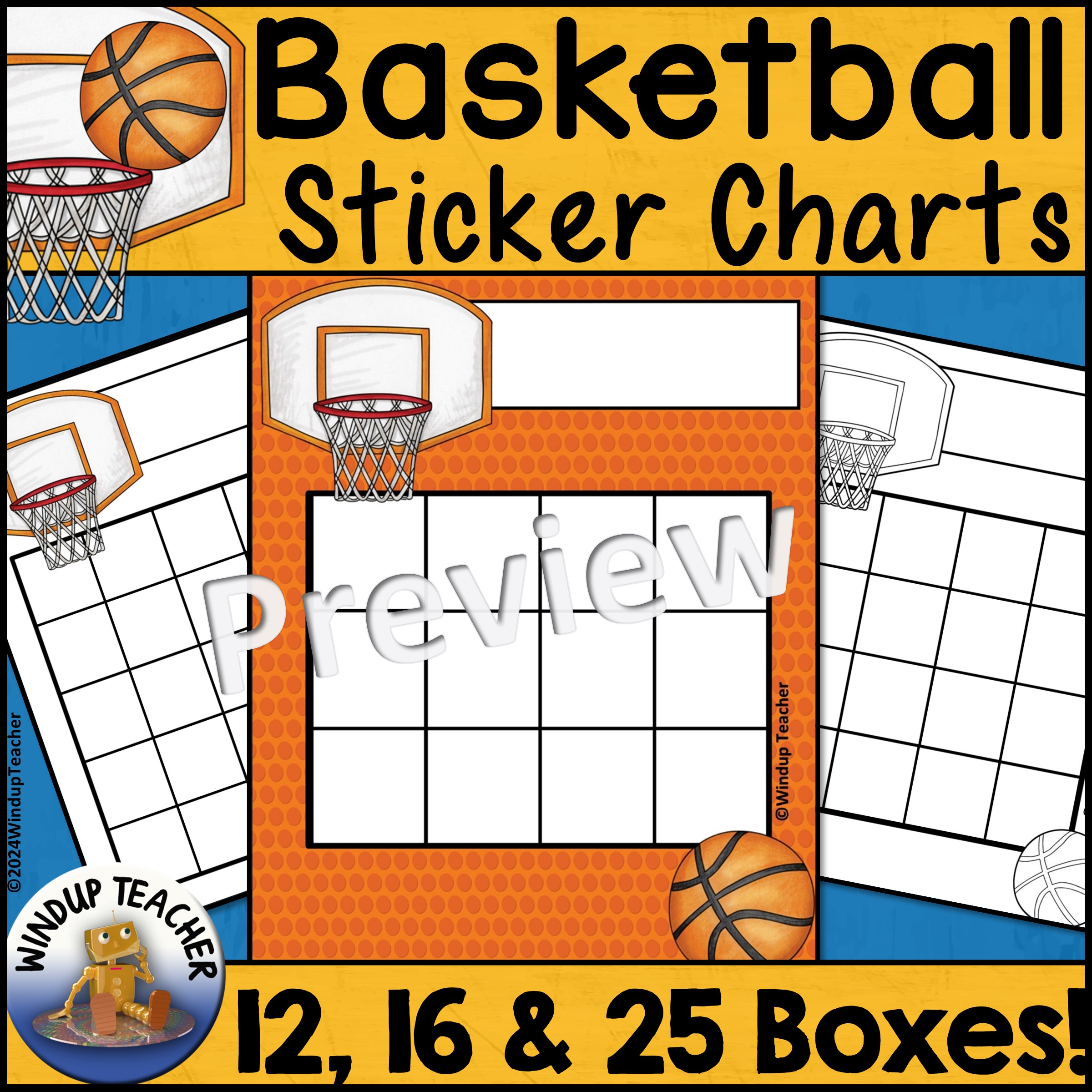 Basketball Sticker Reward Charts - Choices! 12 16 25 Boxes, Color, Black & White