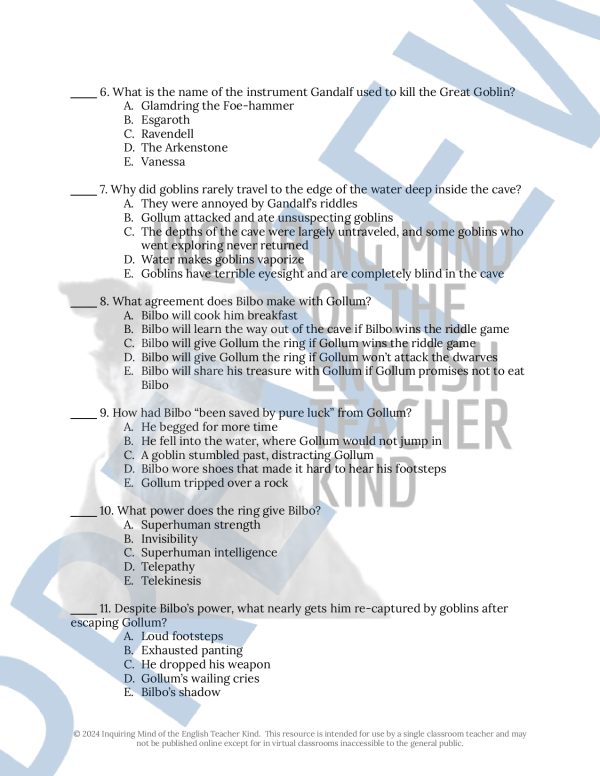 The Hobbit Chapters 3, 4, and 5 Quiz and Answer Key for High School ...