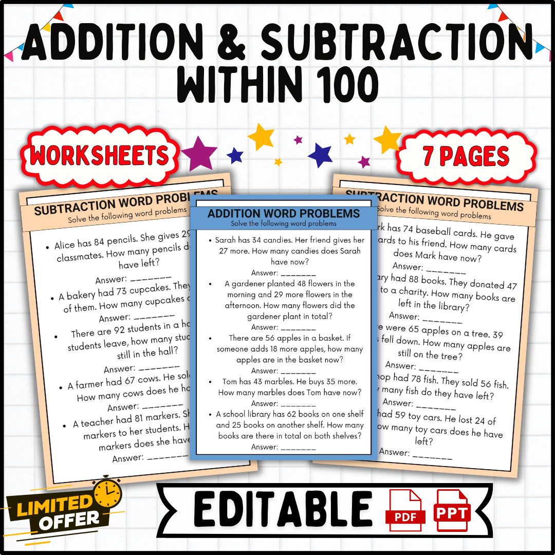 Addition And Subtraction Word Problems Within 100 | 1st-3rd Grade Math Worksheet