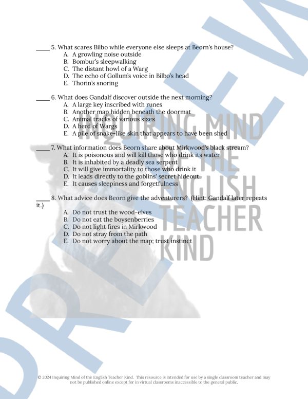 The Hobbit Chapter 7 Quiz and Answer Key for High School - Made By Teachers