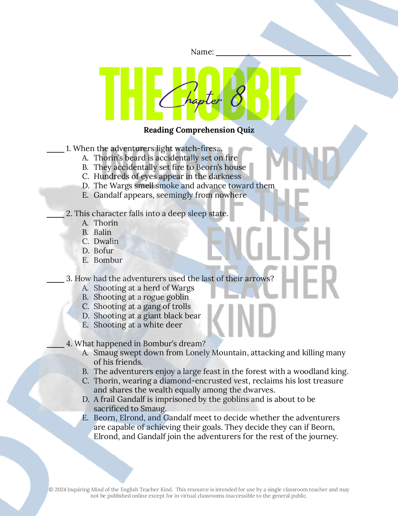 The Hobbit Chapter 8 Quiz and Answer Key for High School - Made By Teachers