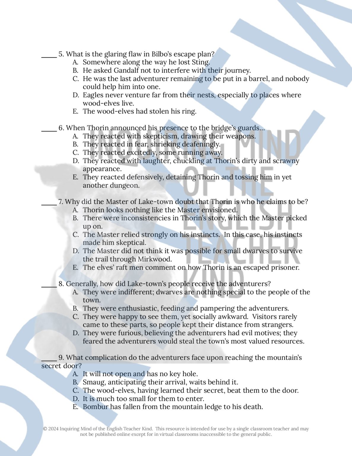 The Hobbit Chapters 9 through 11 Quiz and Answer Key - Made By Teachers