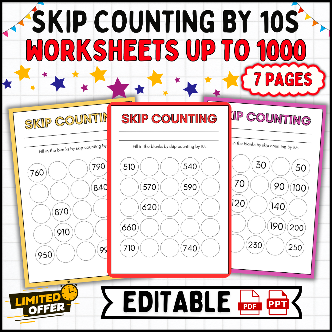 Skip Counting by 10s Up to 1000 | Math Practice Worksheets | 1st-3rd Grade